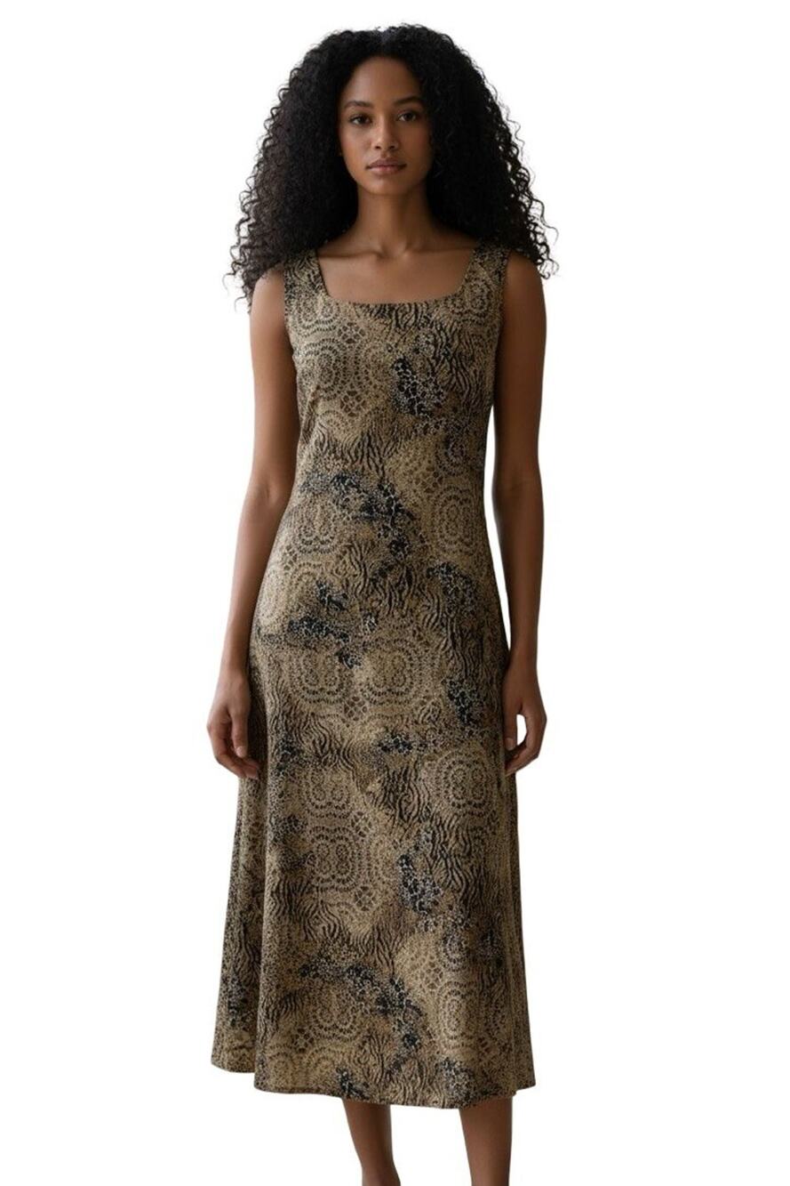 Jessica Howard Womens USA Made Animal Print Sleeveless Brown Midi Dress sz 16